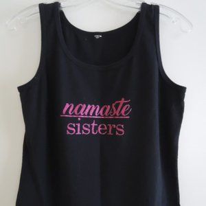 Ladies Top Size M Hot Pink Glitter Graphic Namaste Sisters on Black Tank Top EUC